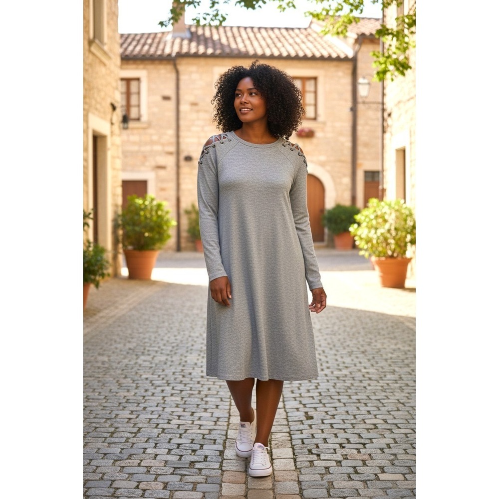 (C-88)American Eagle Gray Lace Up Shoulder Dress Women's L Long Sleeve Casual